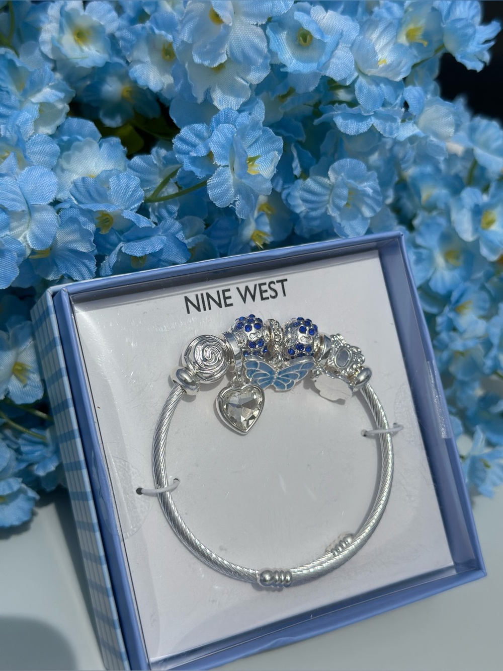 Nine West Silver Bracelet with Blue Crystal Charms and Enamel Butterfly